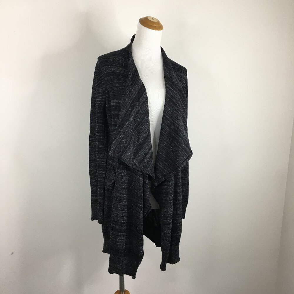 ZARA Knit Black Gray Marled Linen Blend Open Front Waterfall Lapel Knit Cardigan